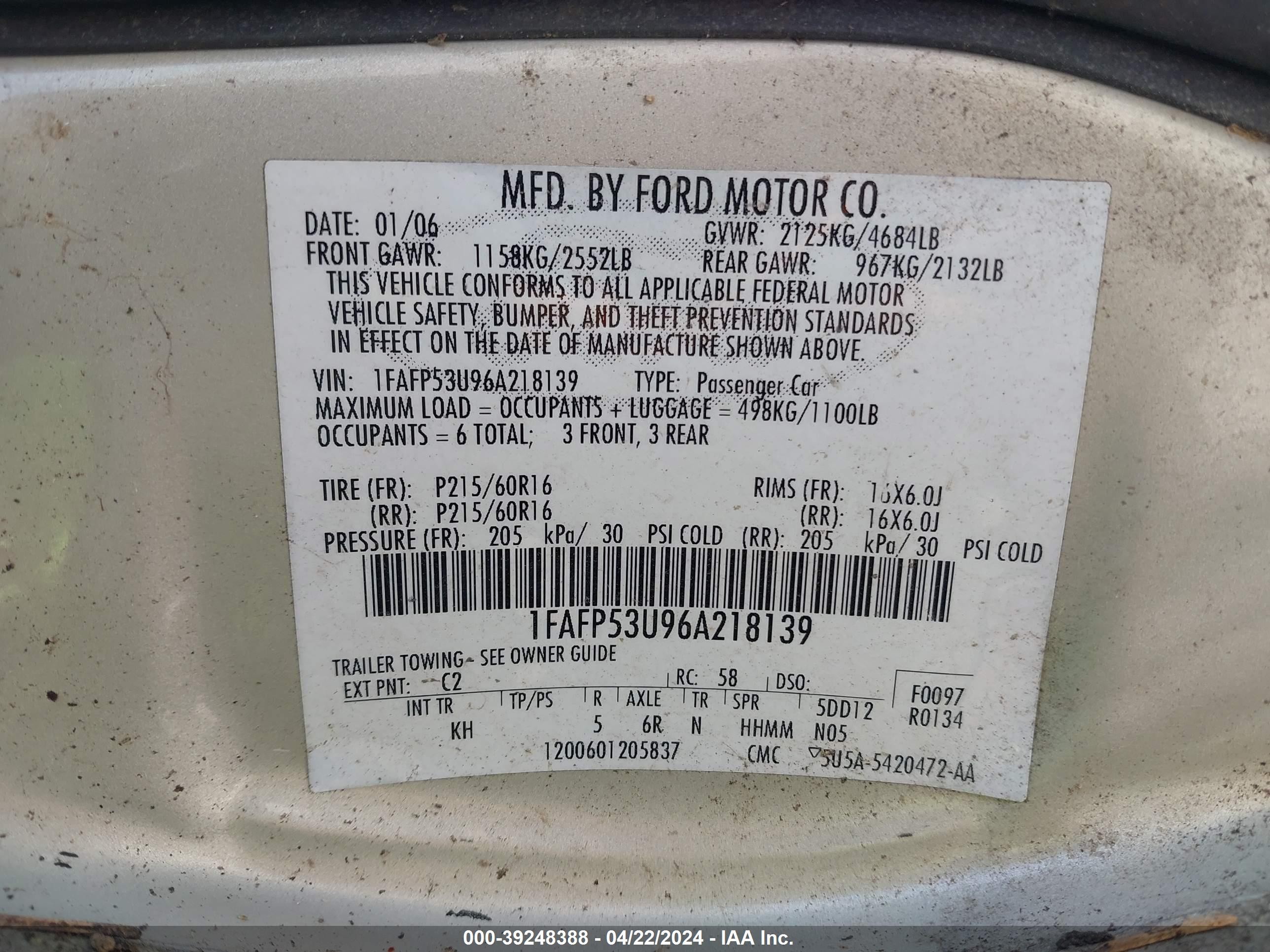 Photo 8 VIN: 1FAFP53U96A218139 - FORD TAURUS 