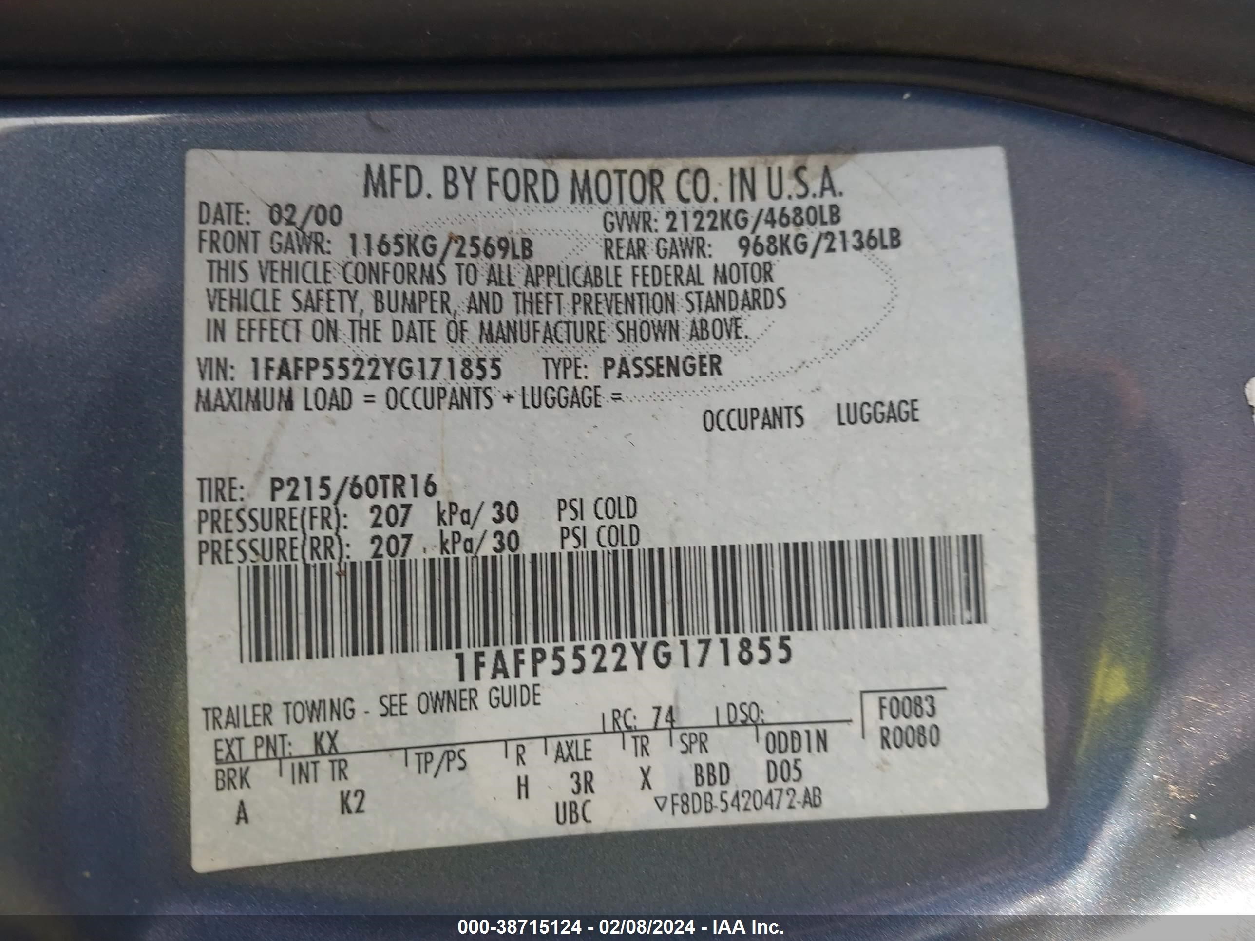 Photo 8 VIN: 1FAFP5522YG171855 - FORD TAURUS 