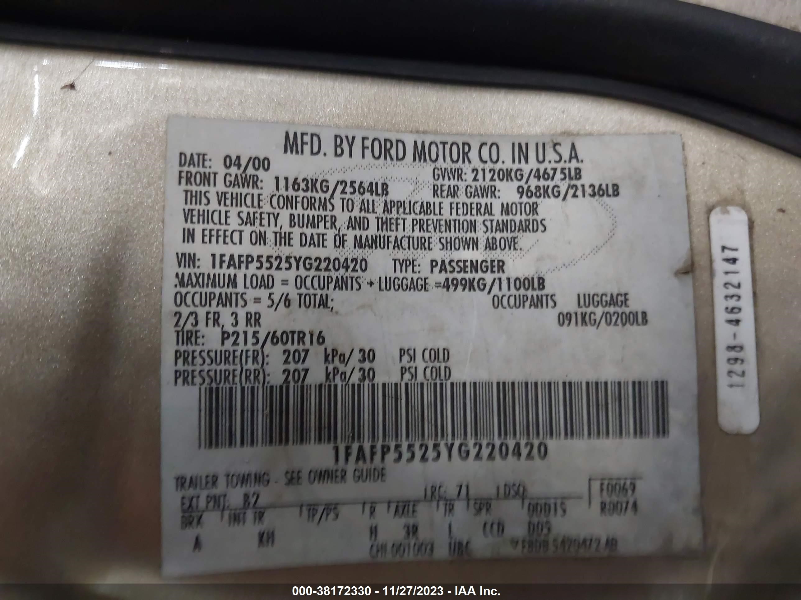 Photo 8 VIN: 1FAFP5525YG220420 - FORD TAURUS 