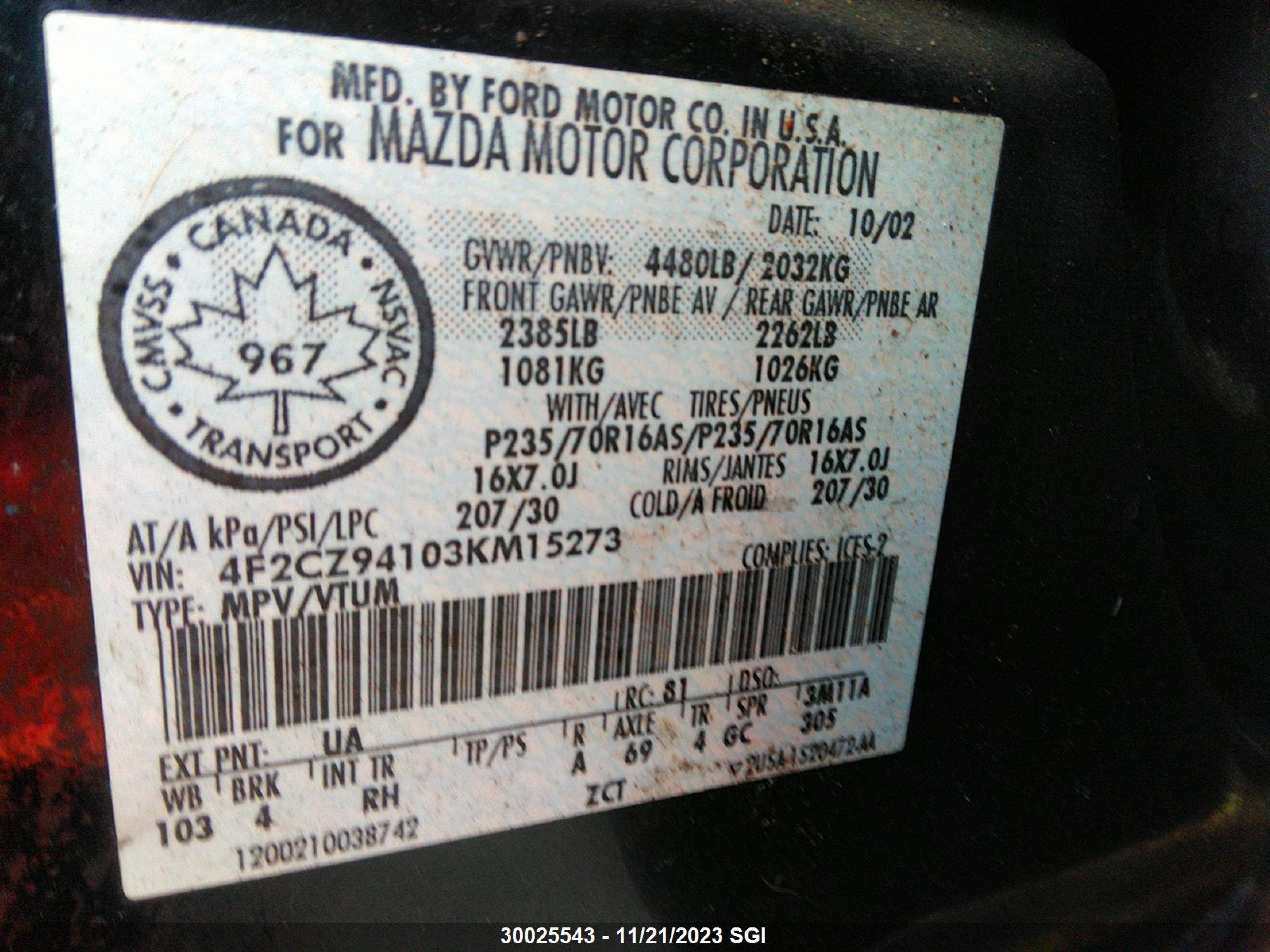 Photo 8 VIN: 1FAFP55U1YG264920 - MAZDA TRIBUTE 