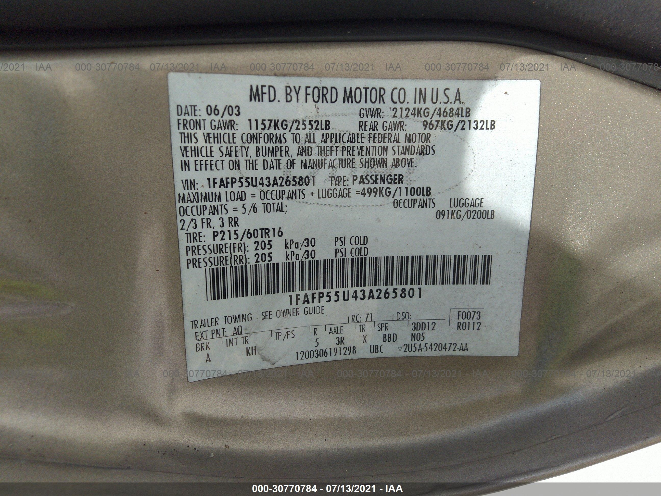 Photo 8 VIN: 1FAFP55U43A265801 - FORD TAURUS 