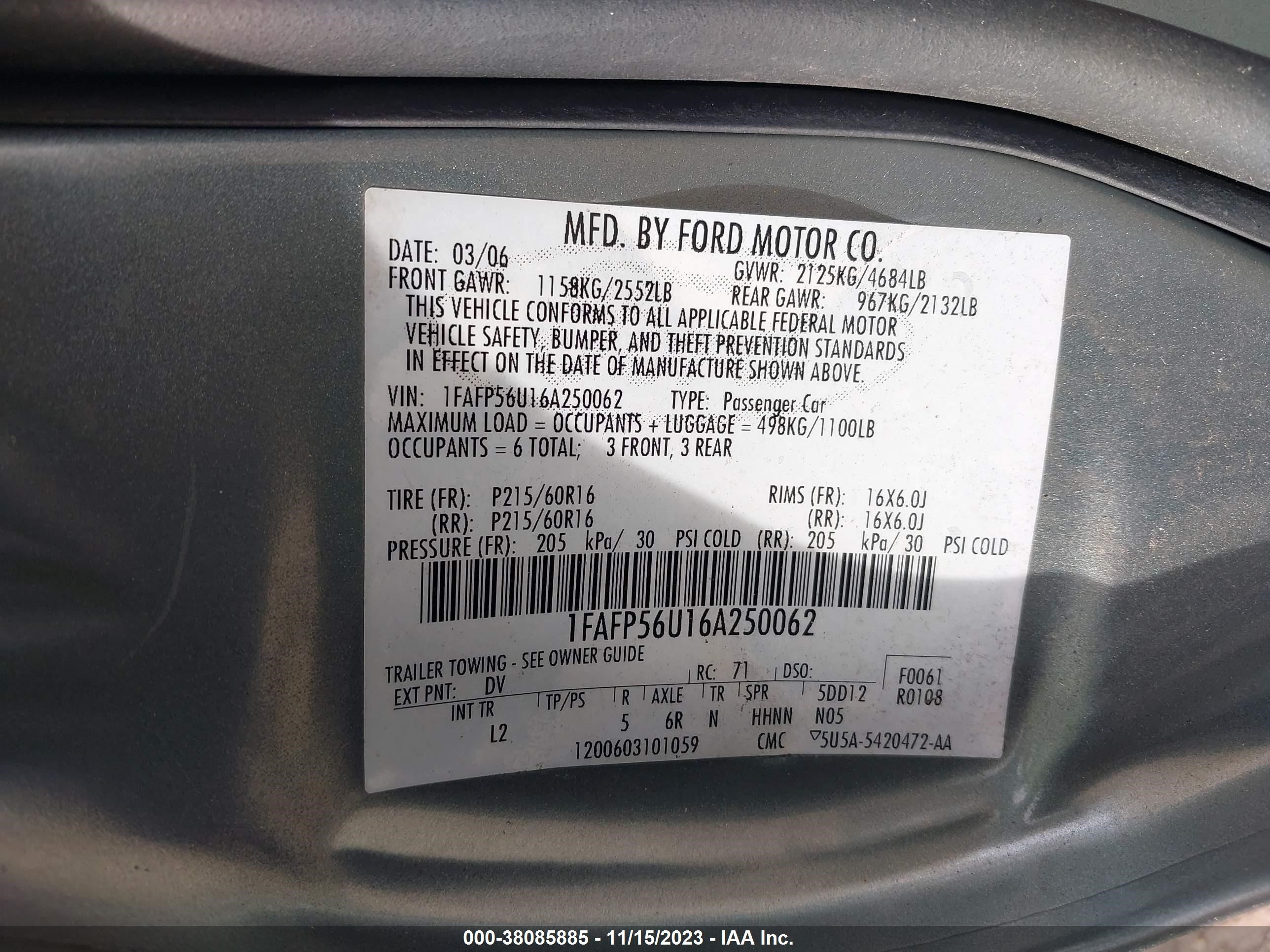 Photo 8 VIN: 1FAFP56U16A250062 - FORD TAURUS 