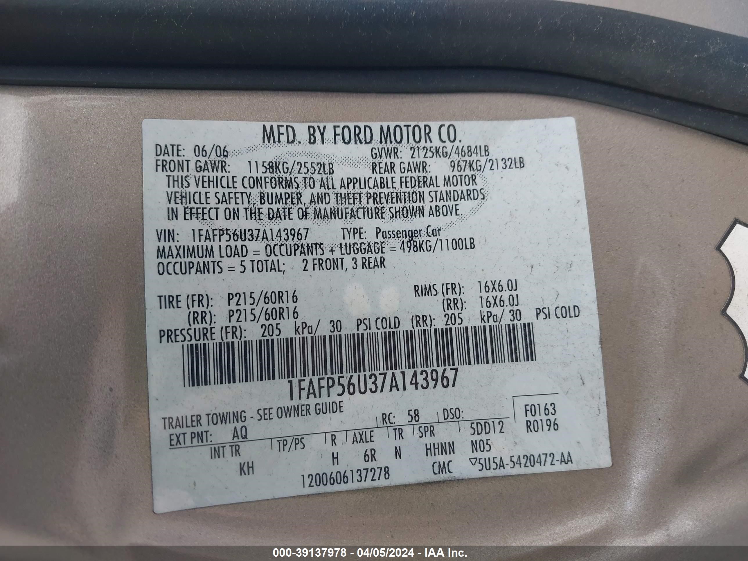 Photo 8 VIN: 1FAFP56U37A143967 - FORD TAURUS 