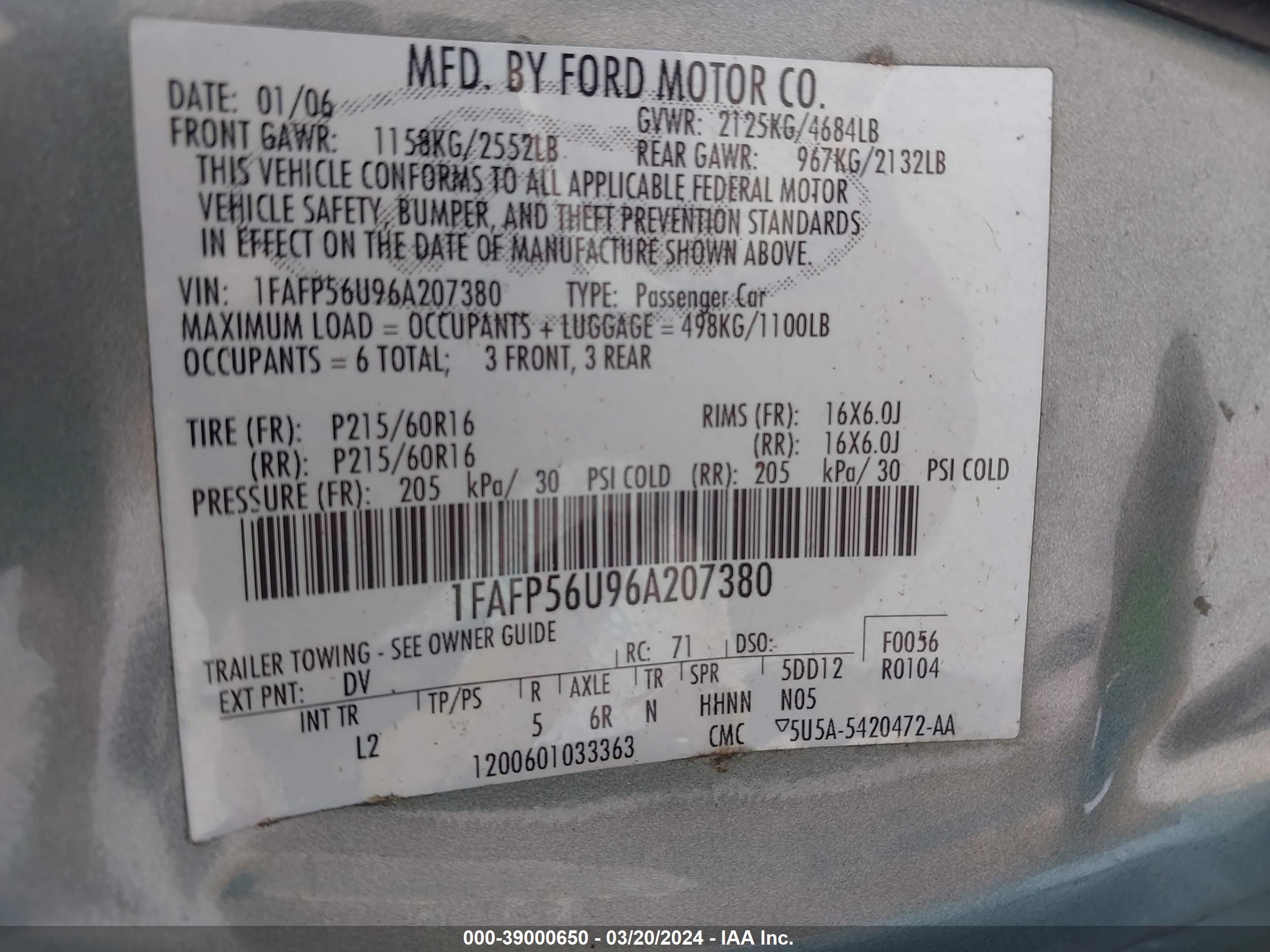 Photo 8 VIN: 1FAFP56U96A207380 - FORD TAURUS 