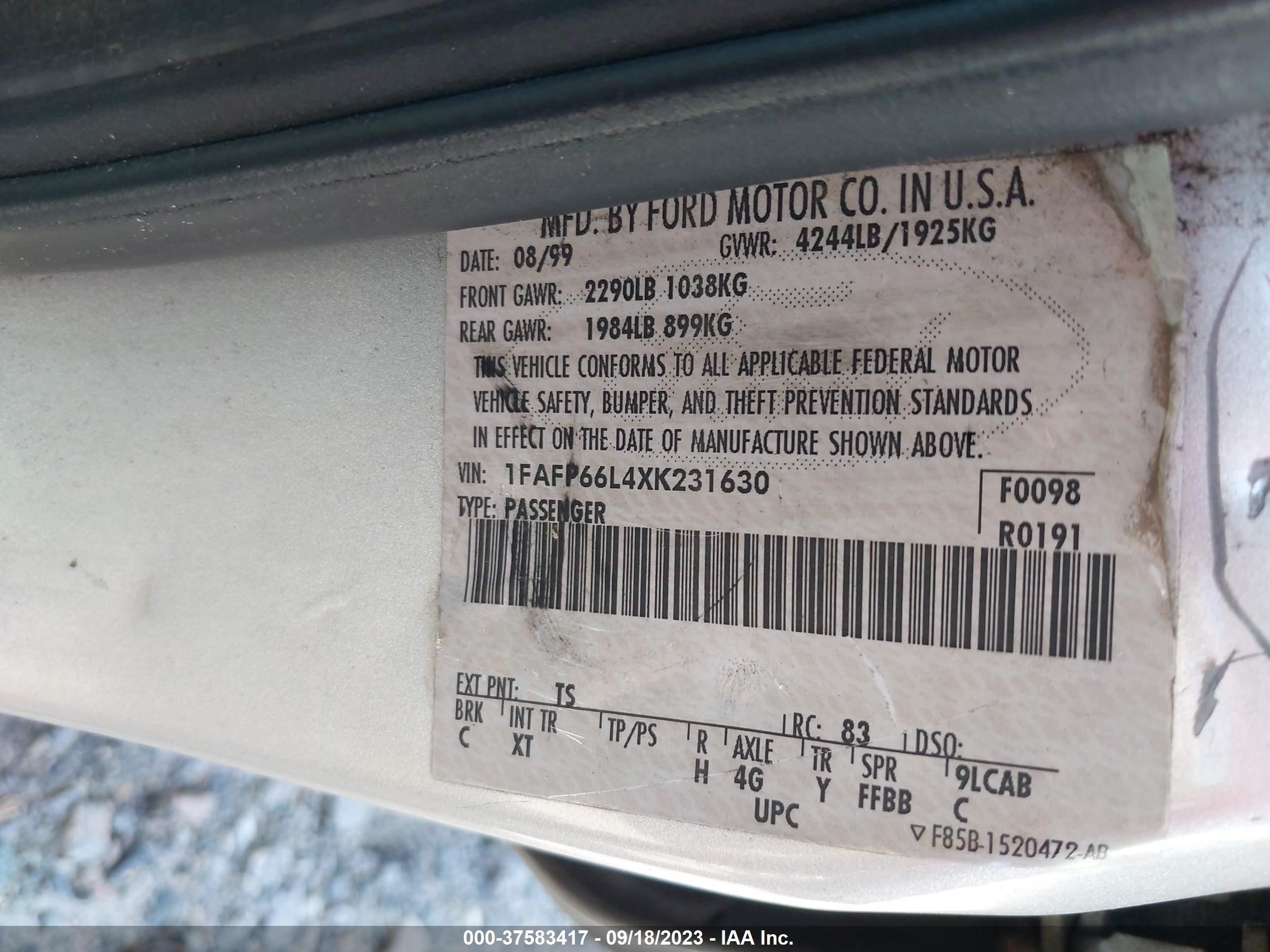 Photo 8 VIN: 1FAFP66L4XK231630 - FORD CONTOUR 