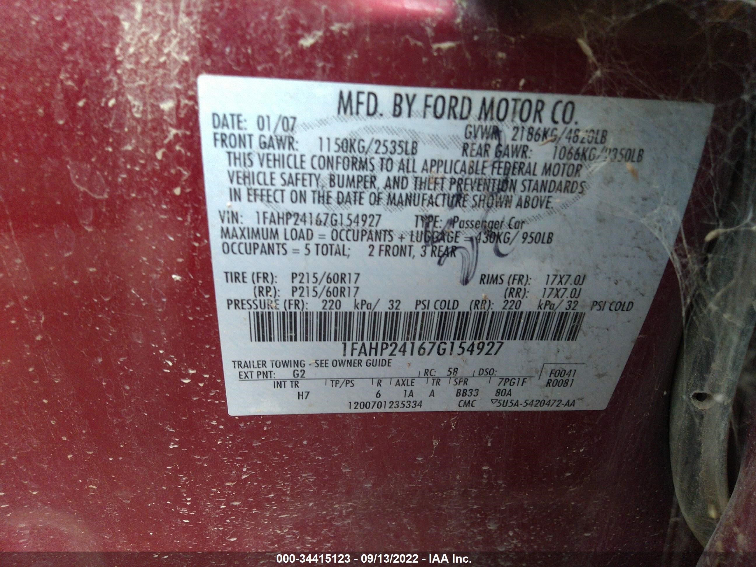 Photo 8 VIN: 1FAHP24167G154927 - FORD FIVE HUNDRED 