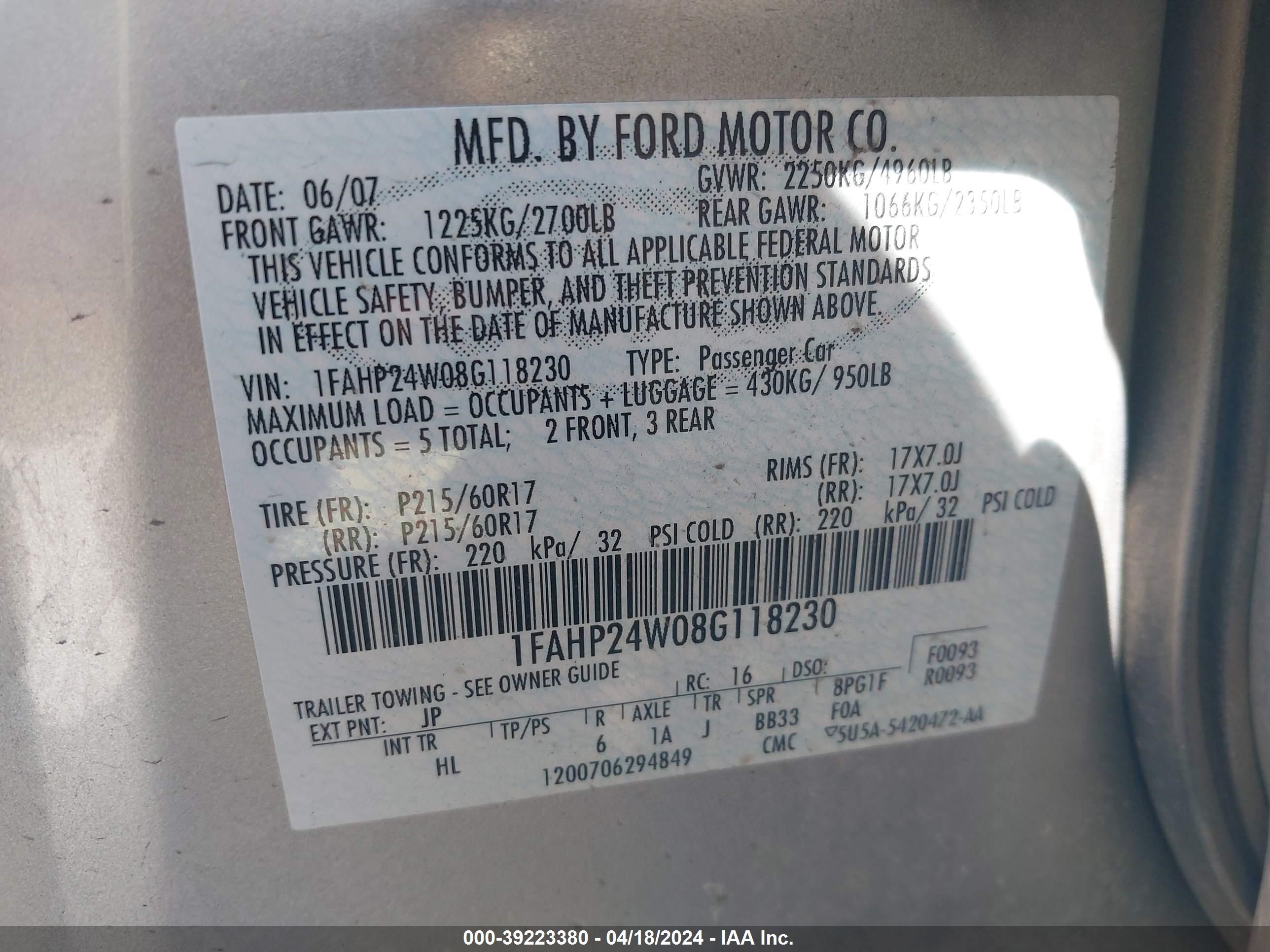 Photo 8 VIN: 1FAHP24W08G118230 - FORD TAURUS 