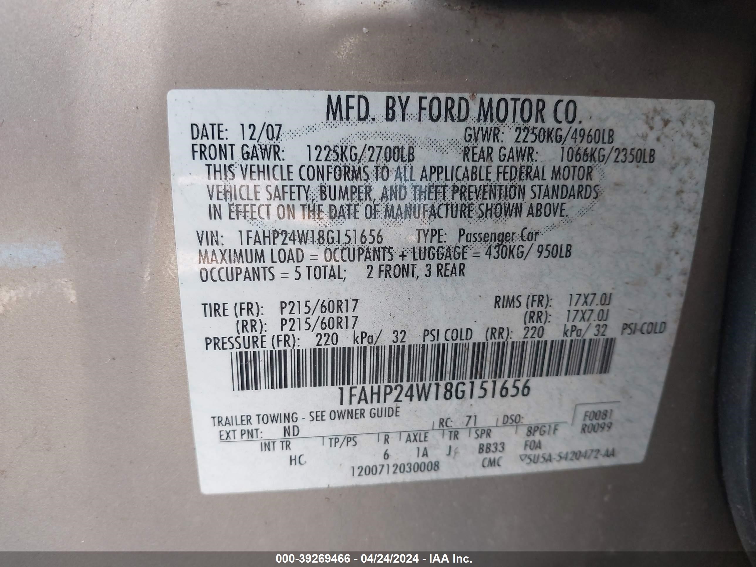 Photo 8 VIN: 1FAHP24W18G151656 - FORD TAURUS 