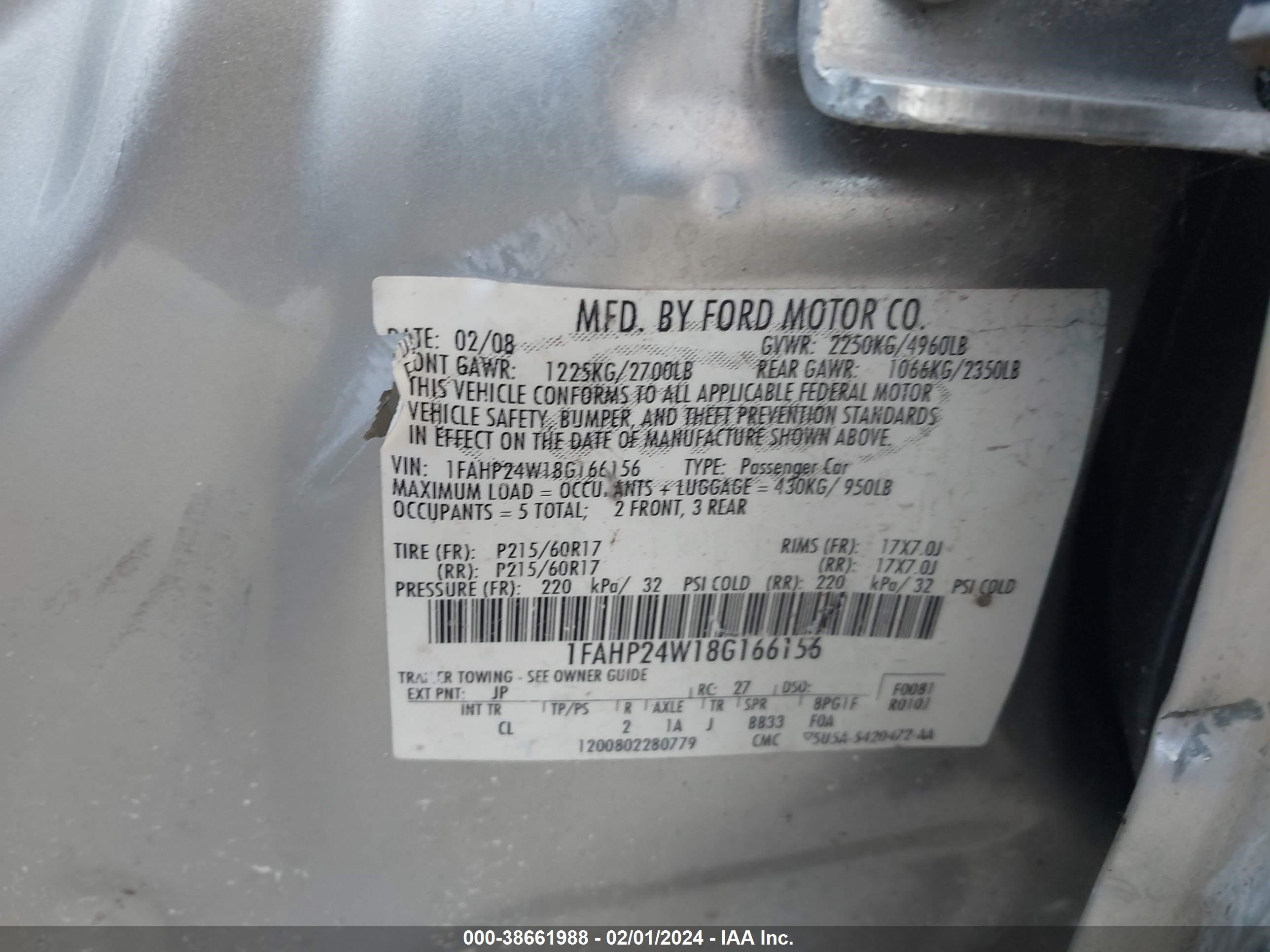 Photo 8 VIN: 1FAHP24W18G166156 - FORD TAURUS 