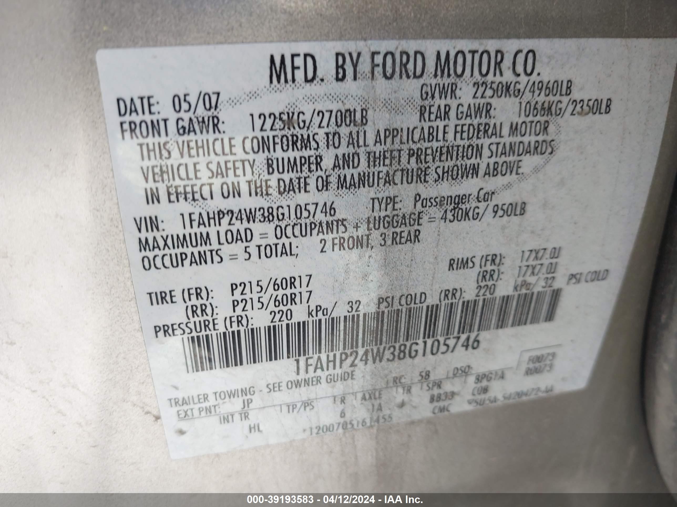 Photo 8 VIN: 1FAHP24W38G105746 - FORD TAURUS 