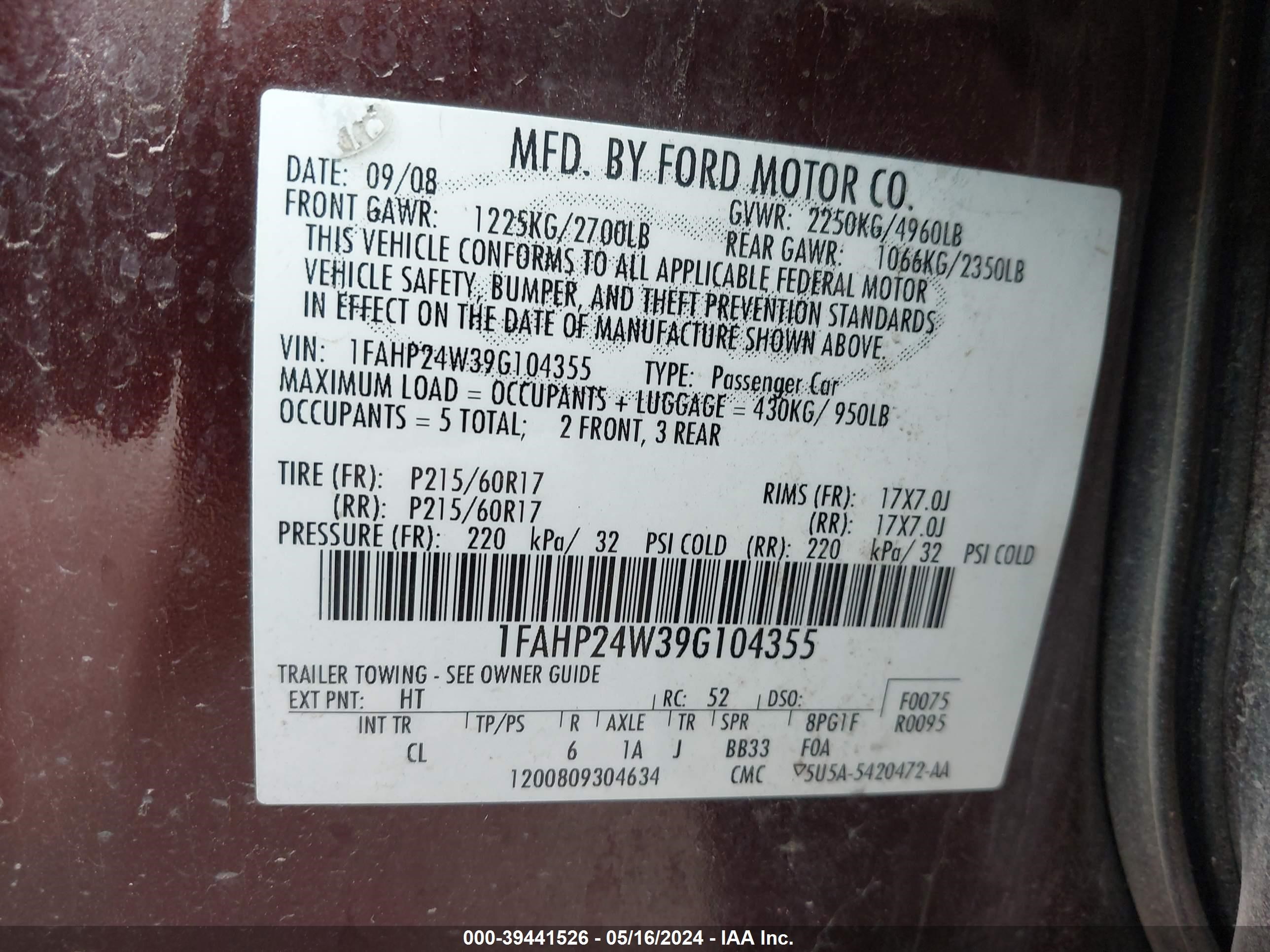 Photo 8 VIN: 1FAHP24W39G104355 - FORD TAURUS 