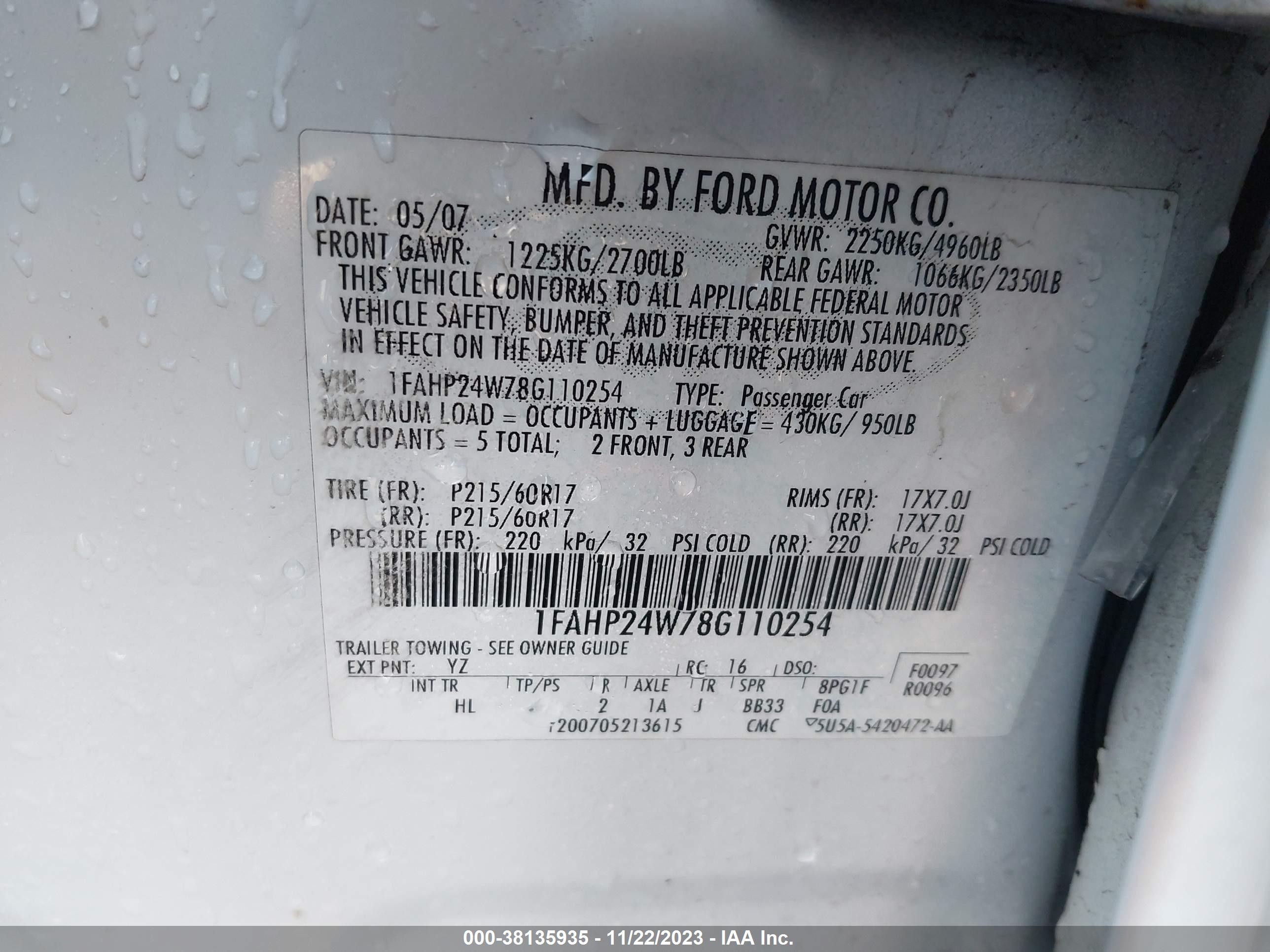 Photo 8 VIN: 1FAHP24W78G110254 - FORD TAURUS 