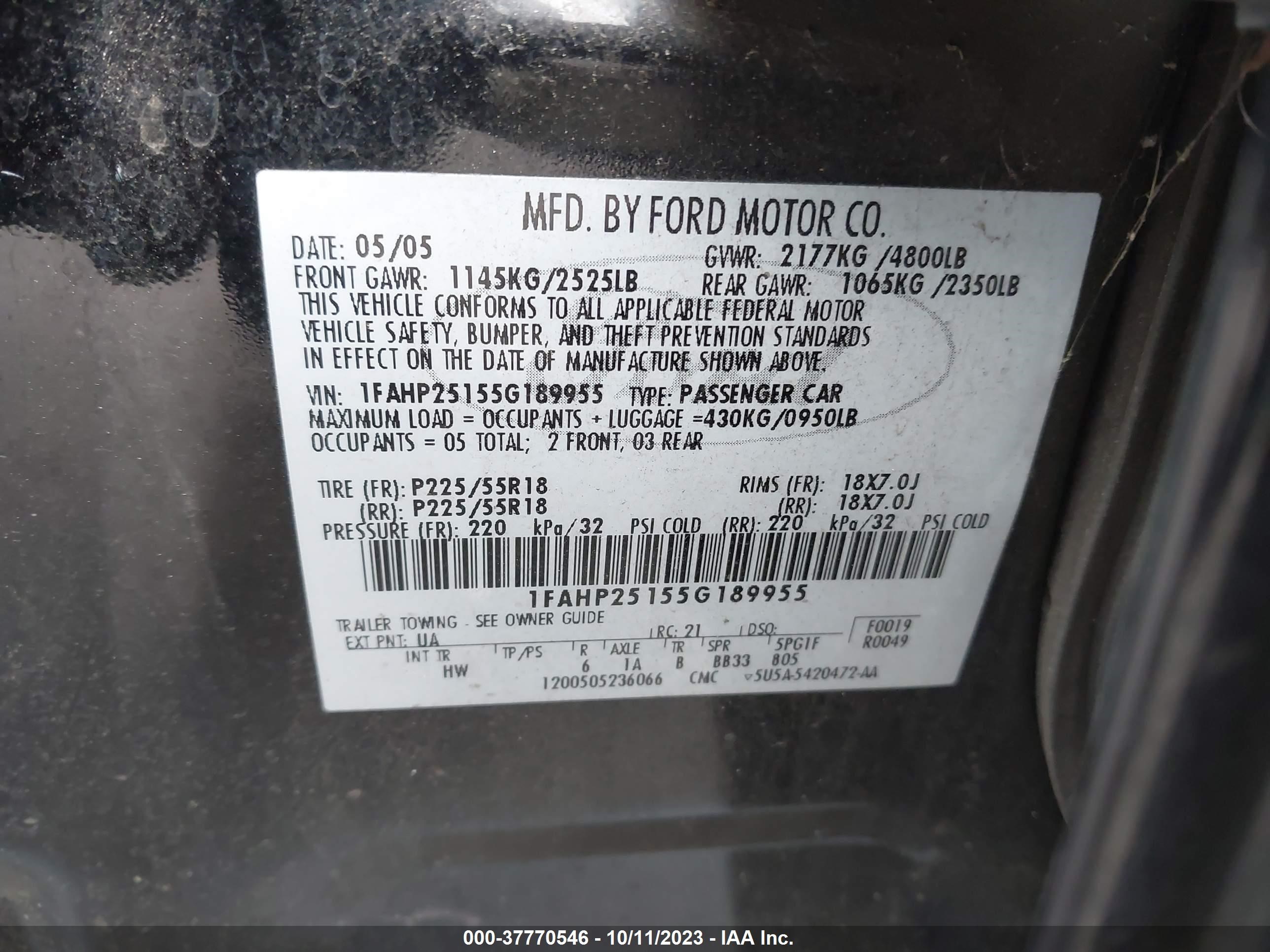 Photo 8 VIN: 1FAHP25155G189955 - FORD FIVE HUNDRED 