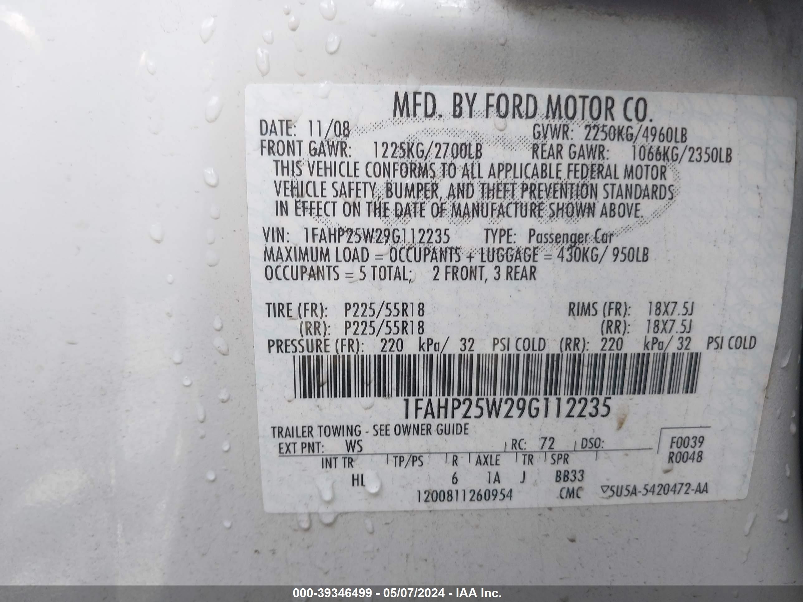 Photo 8 VIN: 1FAHP25W29G112235 - FORD TAURUS 