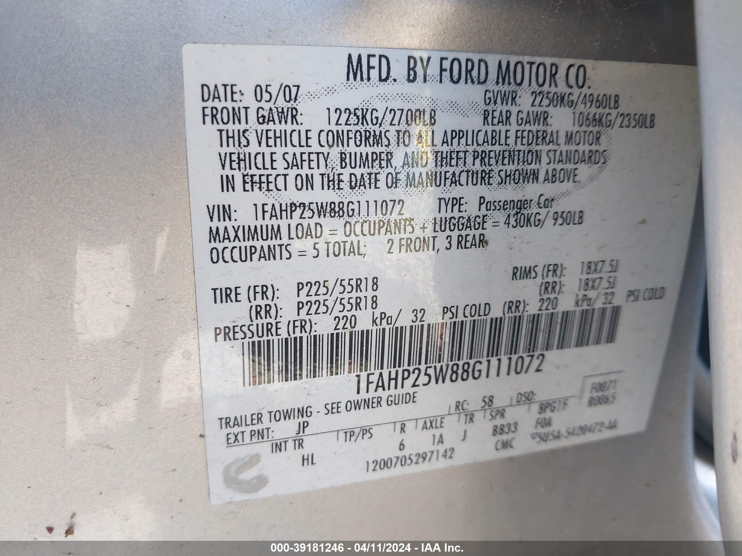 Photo 8 VIN: 1FAHP25W88G111072 - FORD TAURUS 