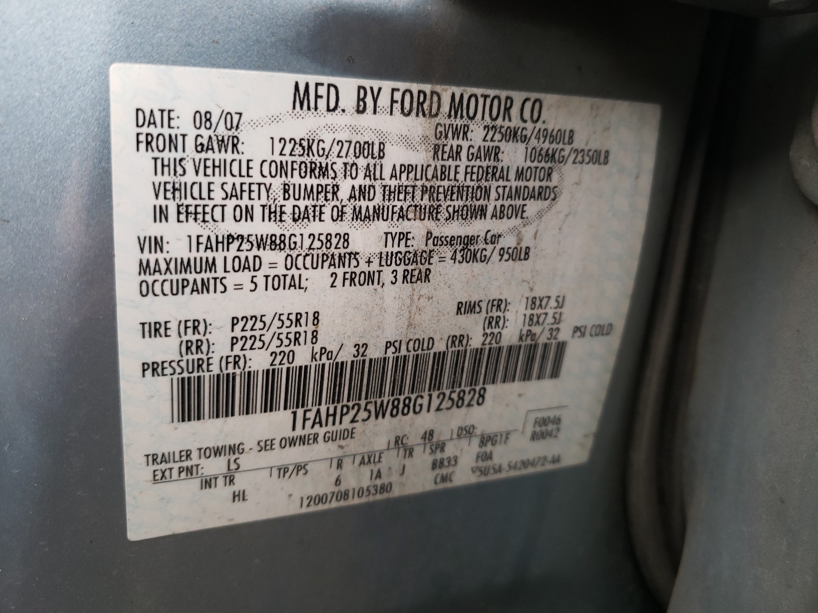 Photo 9 VIN: 1FAHP25W88G125828 - FORD TAURUS LIM 