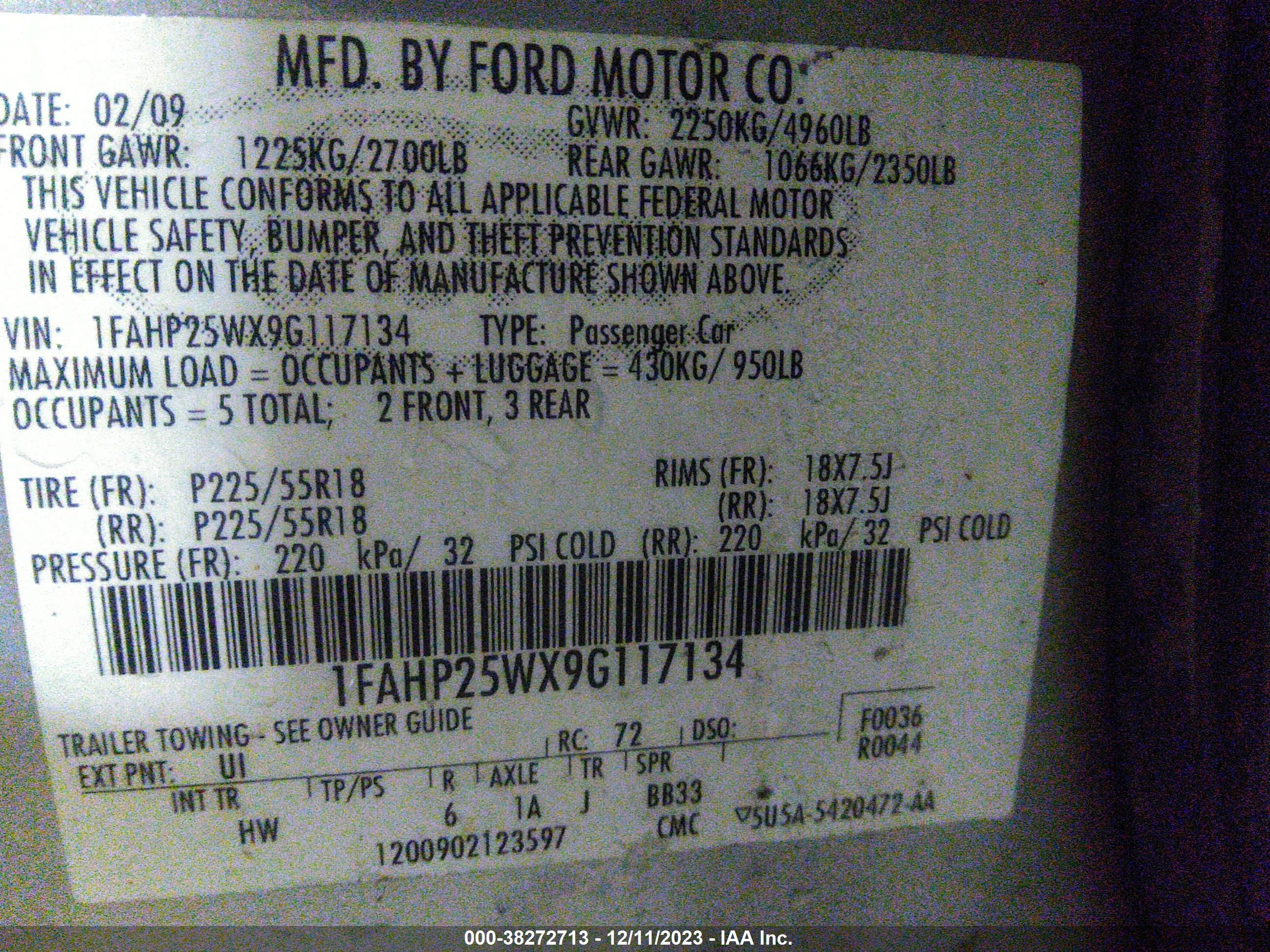 Photo 8 VIN: 1FAHP25WX9G117134 - FORD TAURUS 