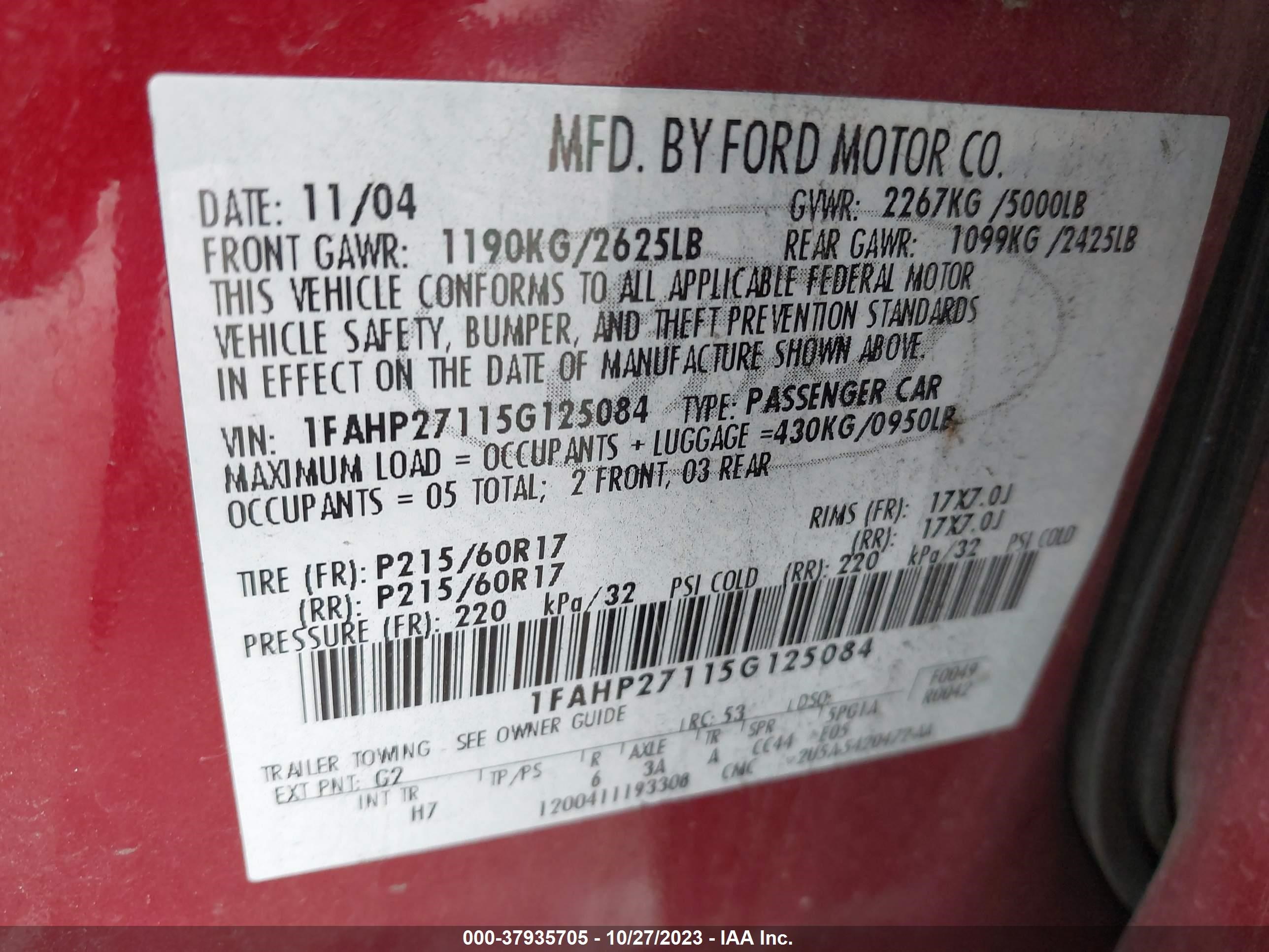 Photo 8 VIN: 1FAHP27115G125084 - FORD FIVE HUNDRED 