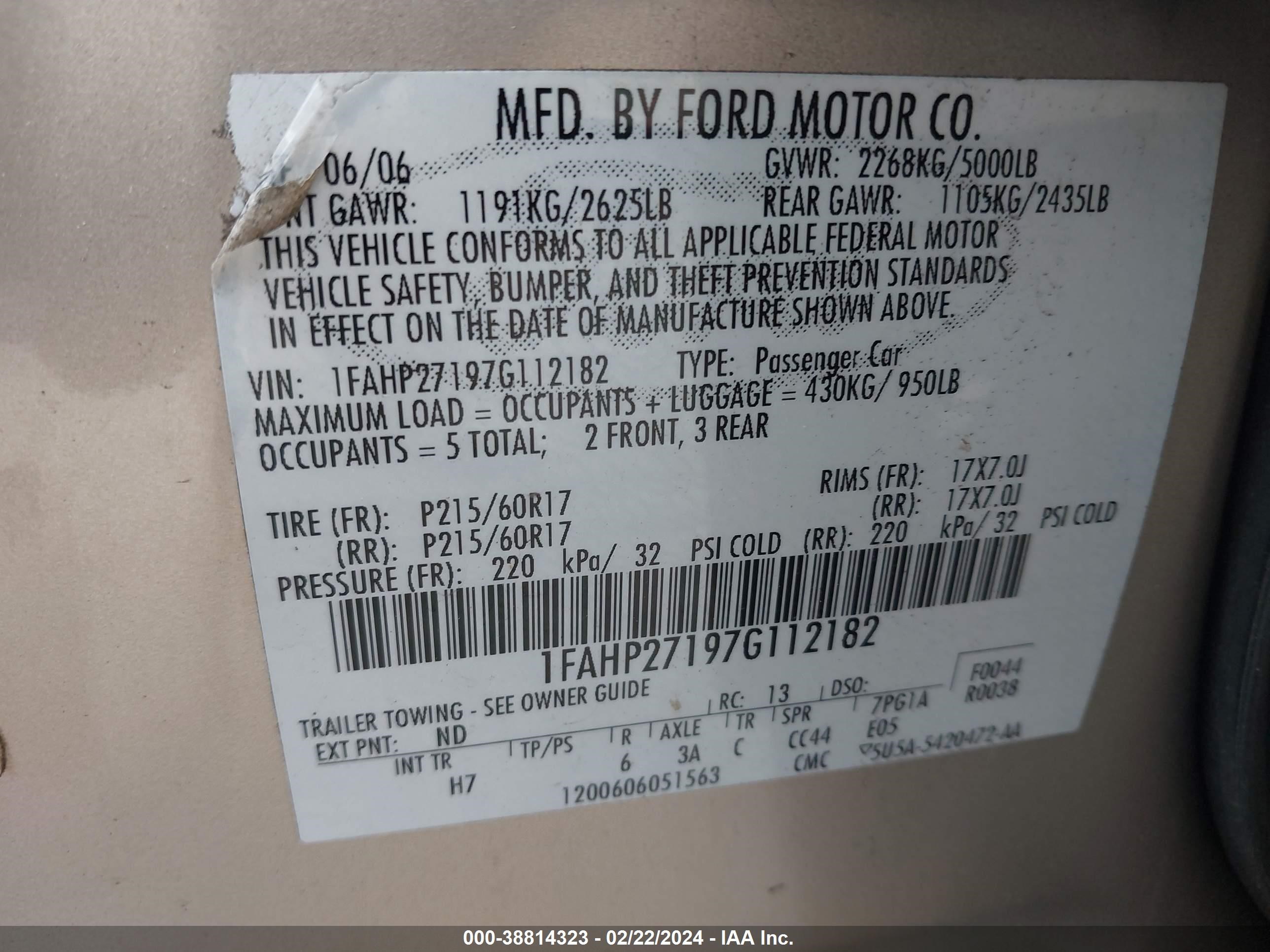 Photo 8 VIN: 1FAHP27197G112182 - FORD FIVE HUNDRED 