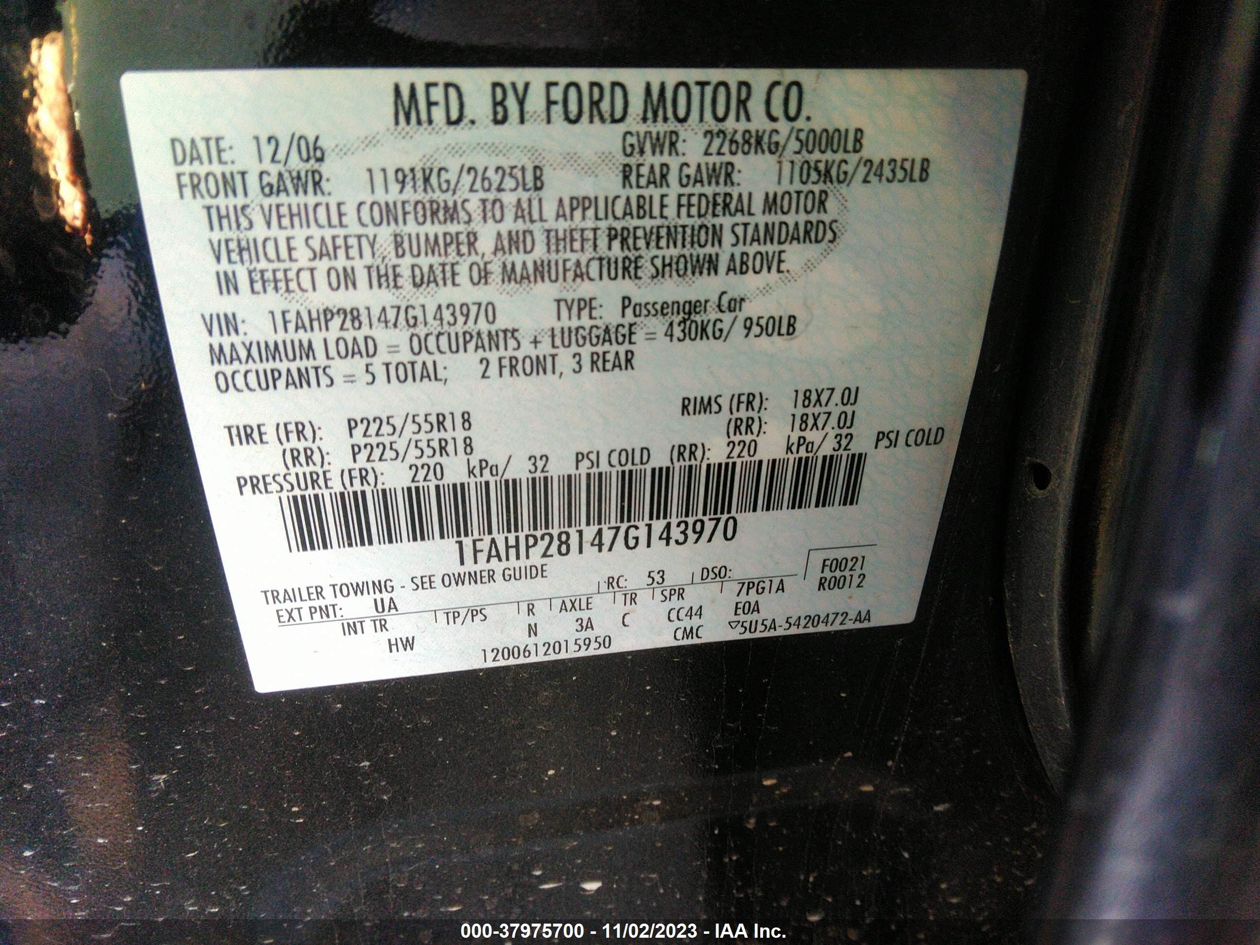 Photo 8 VIN: 1FAHP28147G143970 - FORD FIVE HUNDRED 