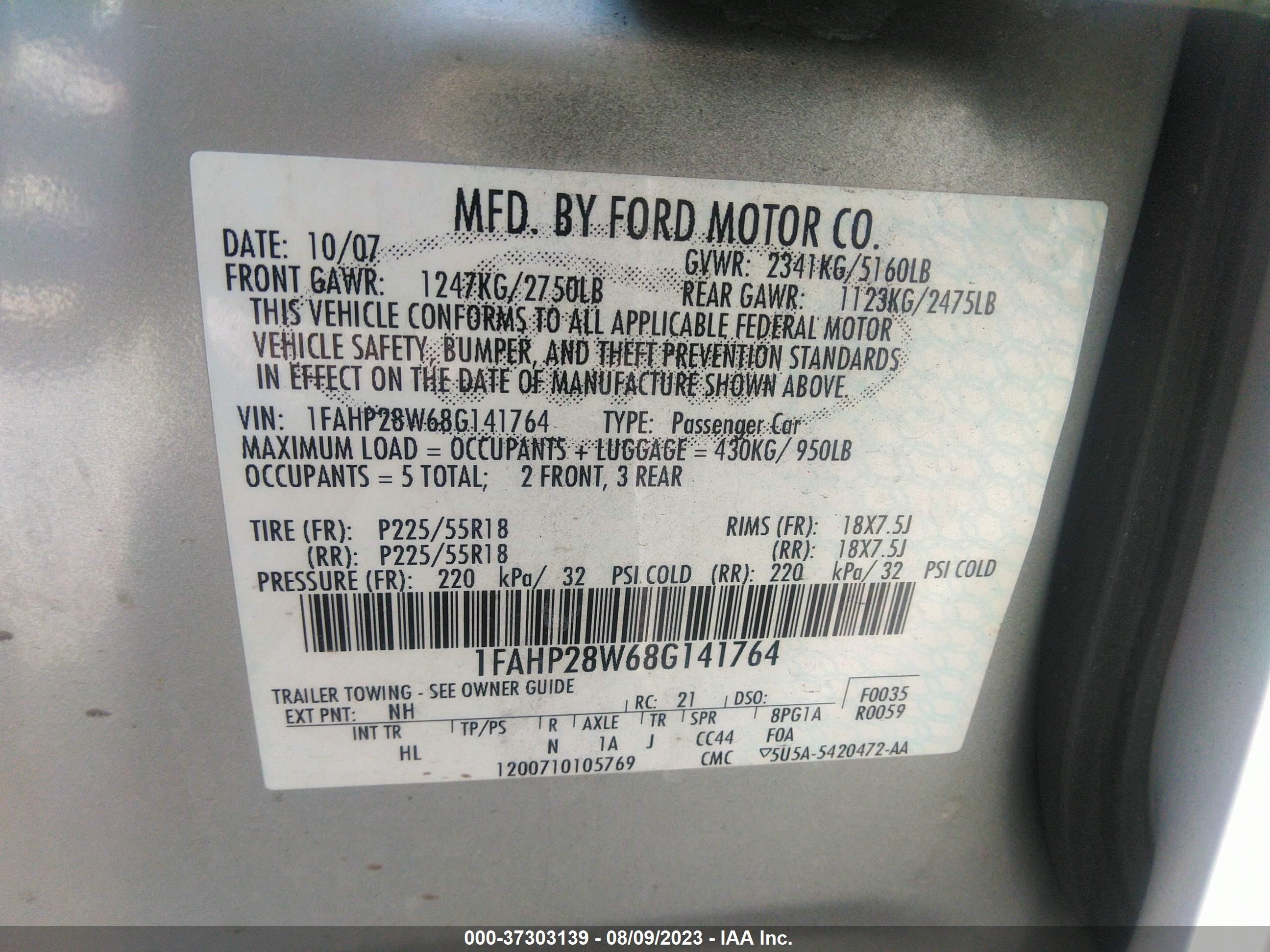 Photo 8 VIN: 1FAHP28W68G141764 - FORD TAURUS 