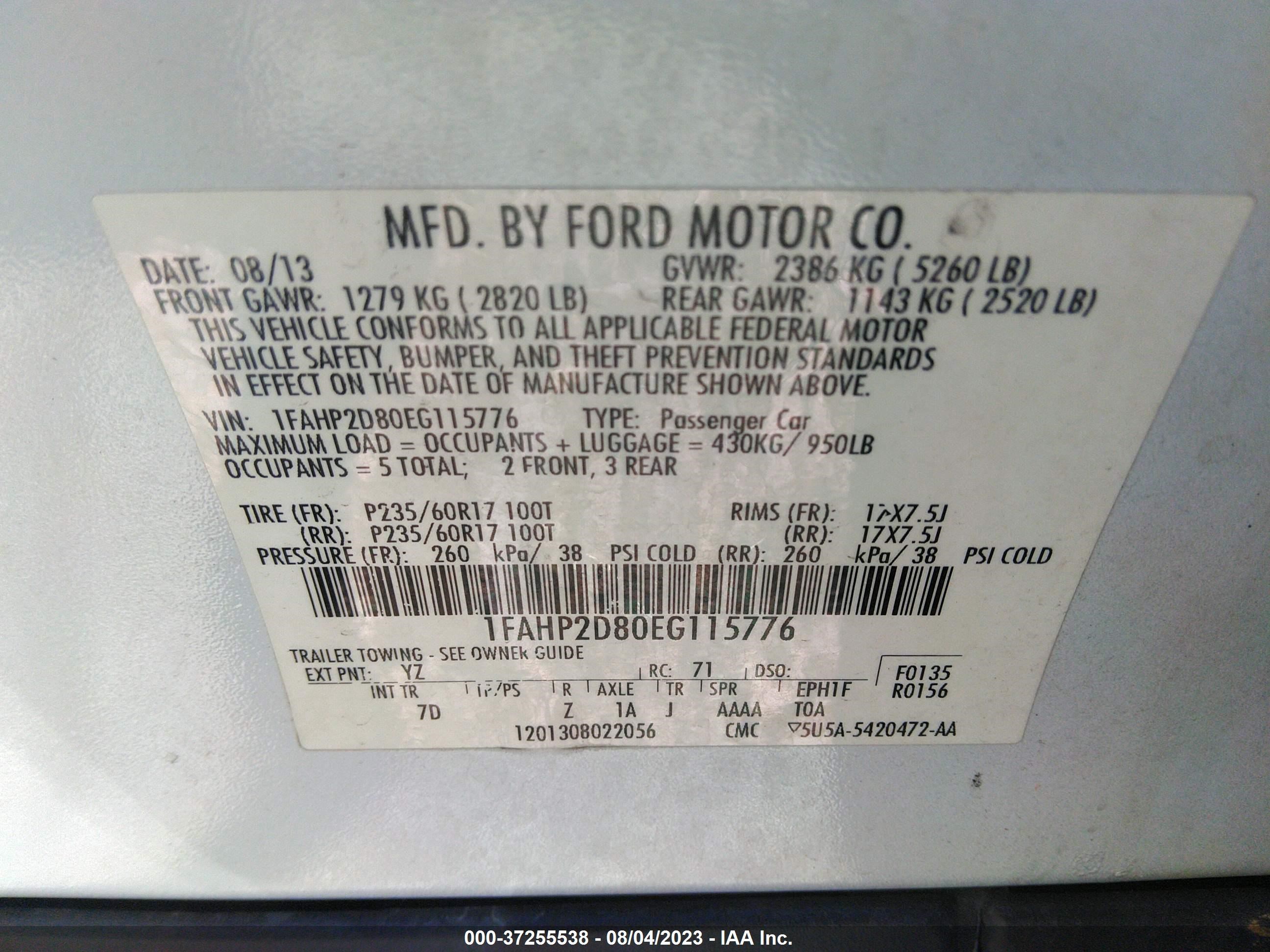 Photo 8 VIN: 1FAHP2D80EG115776 - FORD TAURUS 