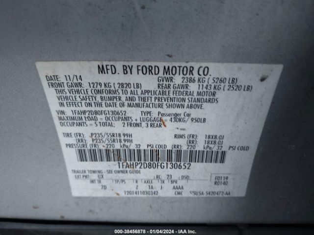 Photo 8 VIN: 1FAHP2D80FG130652 - FORD TAURUS 