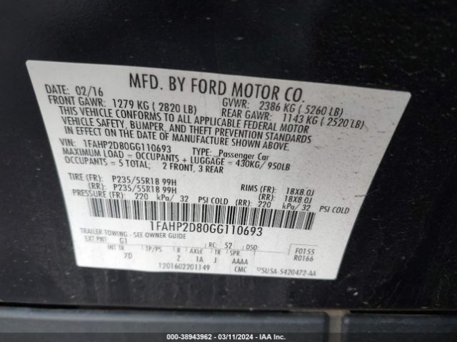 Photo 8 VIN: 1FAHP2D80GG110693 - FORD TAURUS 