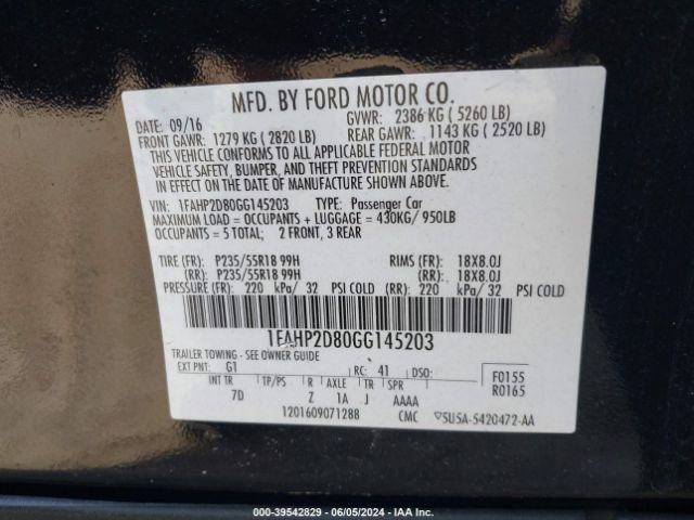 Photo 8 VIN: 1FAHP2D80GG145203 - FORD TAURUS 