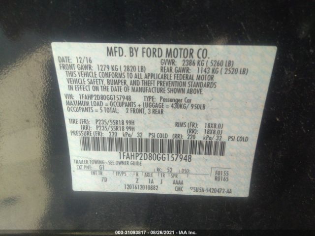 Photo 8 VIN: 1FAHP2D80GG157948 - FORD TAURUS 