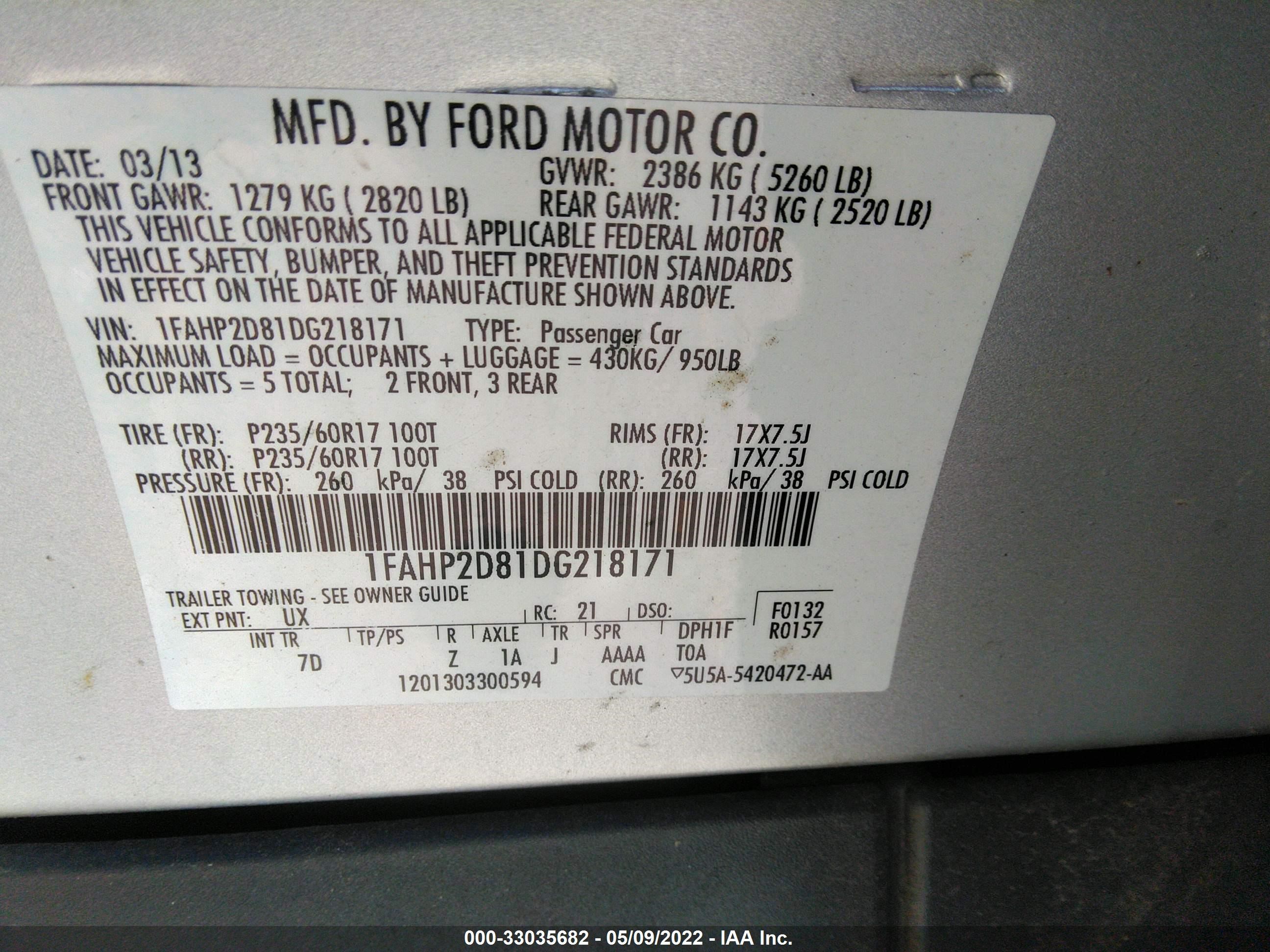 Photo 8 VIN: 1FAHP2D81DG218171 - FORD TAURUS 