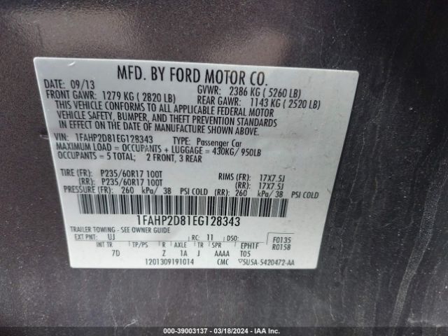 Photo 8 VIN: 1FAHP2D81EG128343 - FORD TAURUS 