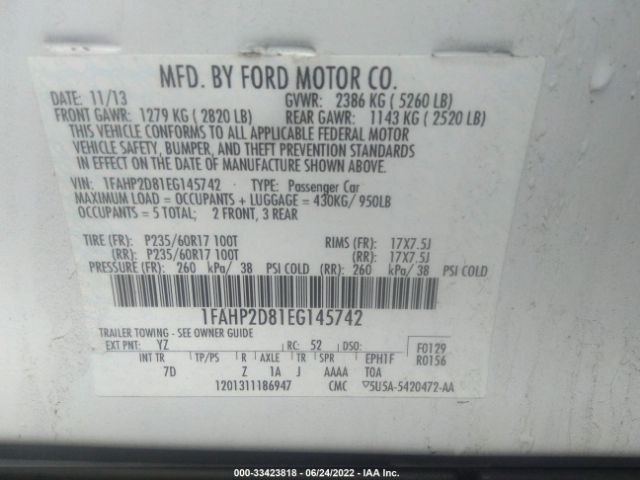 Photo 8 VIN: 1FAHP2D81EG145742 - FORD TAURUS 