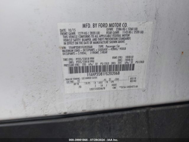 Photo 8 VIN: 1FAHP2D81FG202068 - FORD TAURUS 