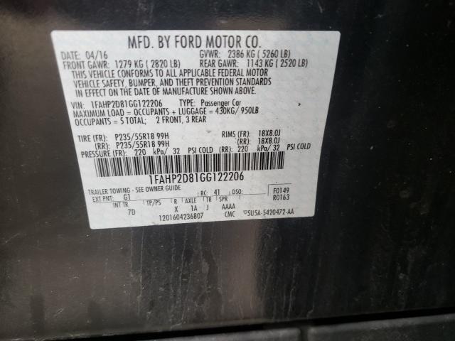 Photo 9 VIN: 1FAHP2D81GG122206 - FORD TAURUS SE 