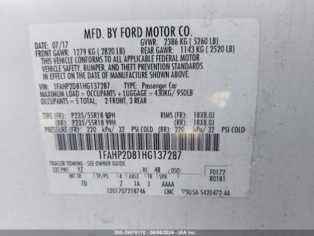 Photo 8 VIN: 1FAHP2D81HG137287 - FORD TAURUS 