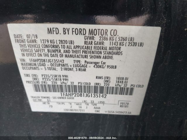 Photo 8 VIN: 1FAHP2D81JG135142 - FORD TAURUS 