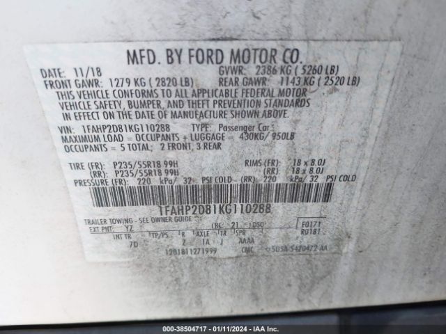 Photo 8 VIN: 1FAHP2D81KG110288 - FORD TAURUS 