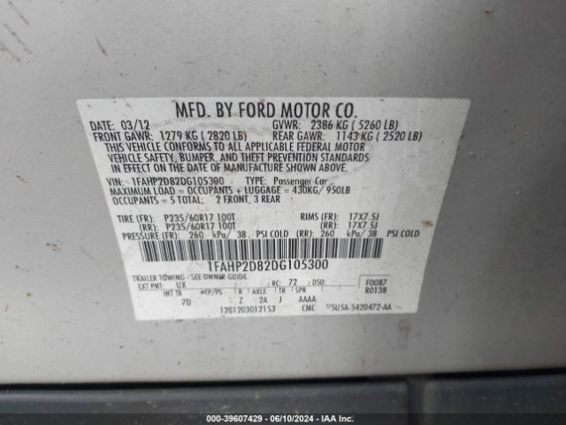 Photo 8 VIN: 1FAHP2D82DG105300 - FORD TAURUS 