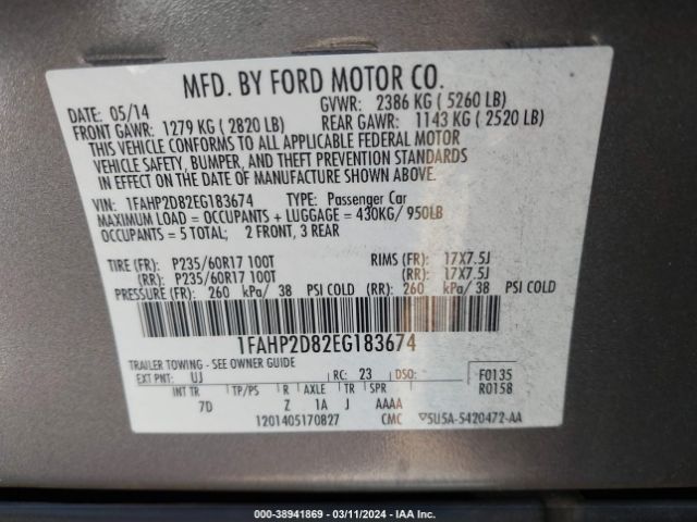 Photo 8 VIN: 1FAHP2D82EG183674 - FORD TAURUS 