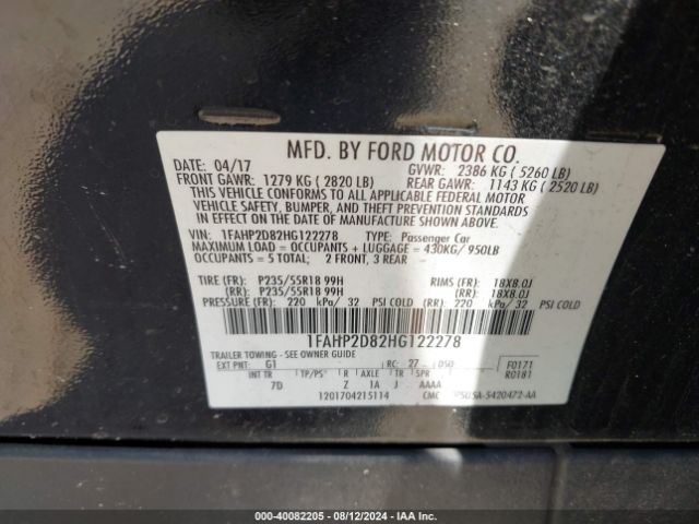 Photo 8 VIN: 1FAHP2D82HG122278 - FORD TAURUS 