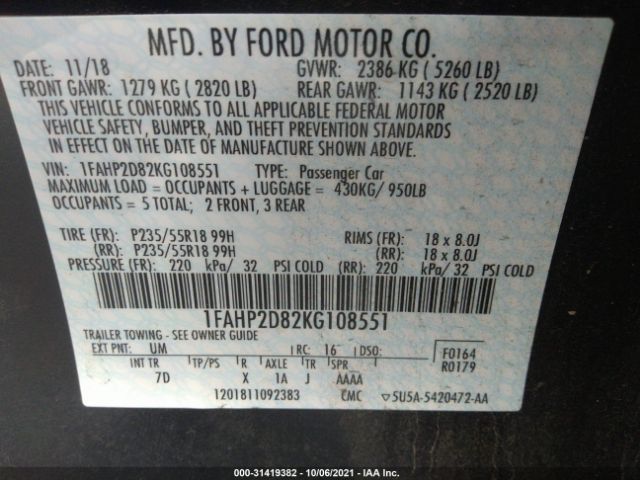 Photo 8 VIN: 1FAHP2D82KG108551 - FORD TAURUS 