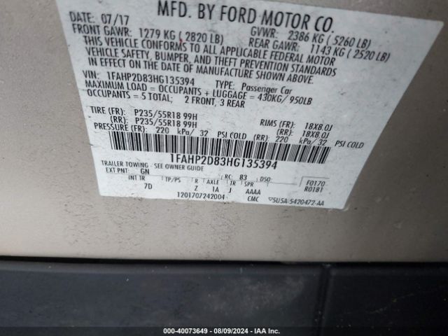 Photo 8 VIN: 1FAHP2D83HG135394 - FORD TAURUS 