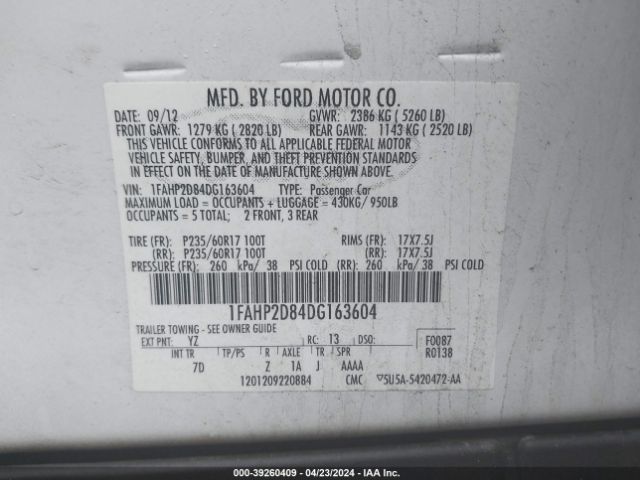 Photo 8 VIN: 1FAHP2D84DG163604 - FORD TAURUS 