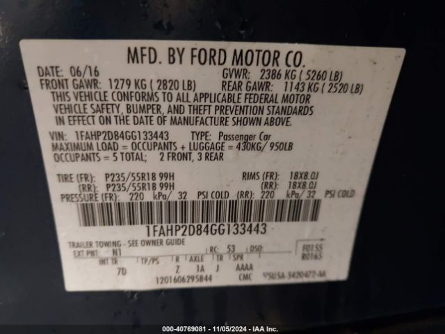 Photo 8 VIN: 1FAHP2D84GG133443 - FORD TAURUS 