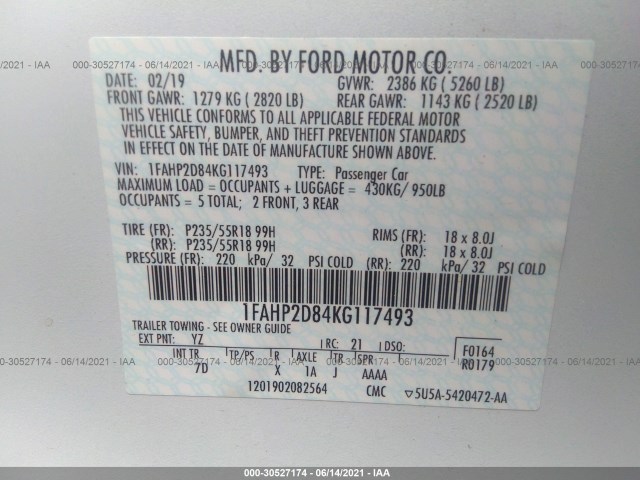 Photo 8 VIN: 1FAHP2D84KG117493 - FORD TAURUS 