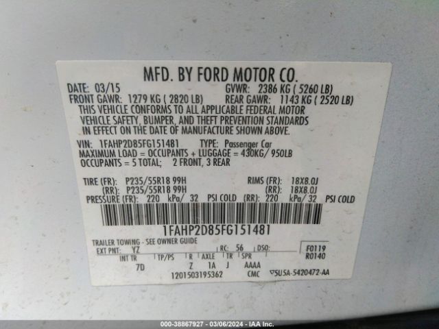 Photo 8 VIN: 1FAHP2D85FG151481 - FORD TAURUS 