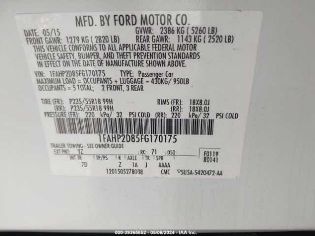 Photo 8 VIN: 1FAHP2D85FG170175 - FORD TAURUS 