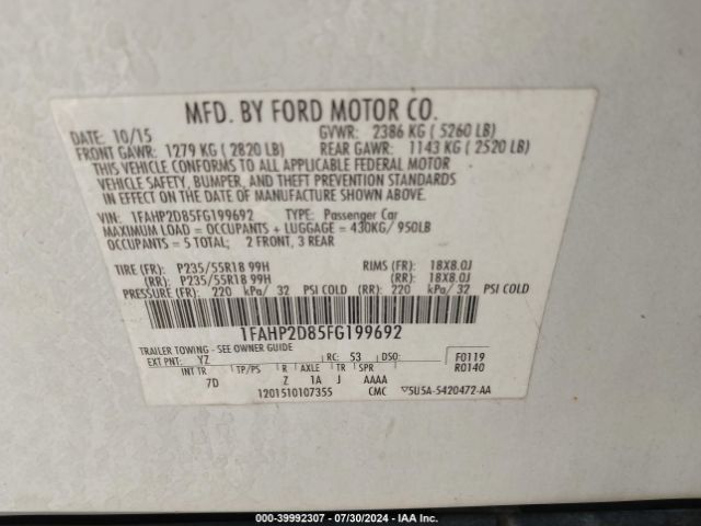 Photo 8 VIN: 1FAHP2D85FG199692 - FORD TAURUS 