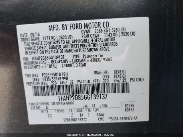 Photo 8 VIN: 1FAHP2D85GG139137 - FORD TAURUS 